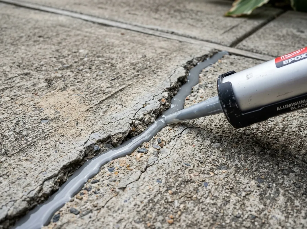 Close-up of professional concrete crack repair with epoxy fill
