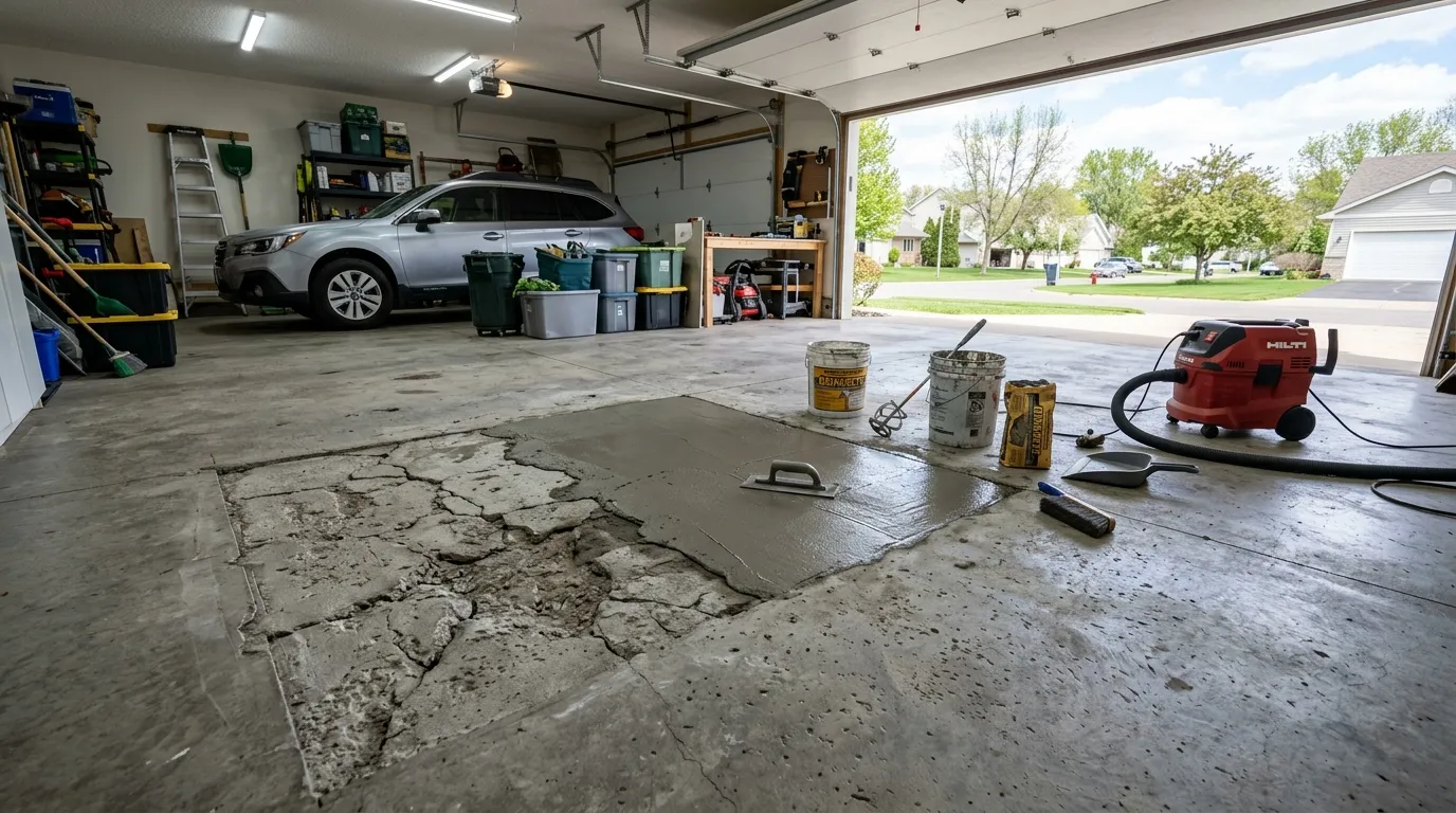 Professional concrete repair in progress on a residential garage floor in the Twin Cities