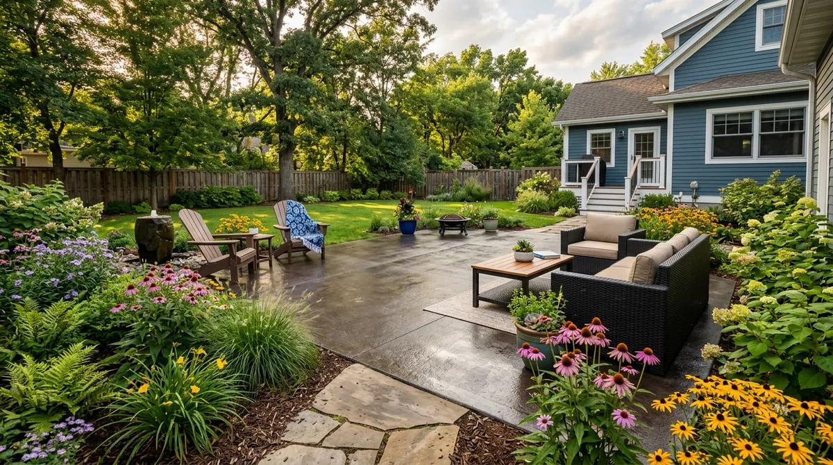 Beautifully restored concrete patio with protective sealant in a Twin Cities backyard