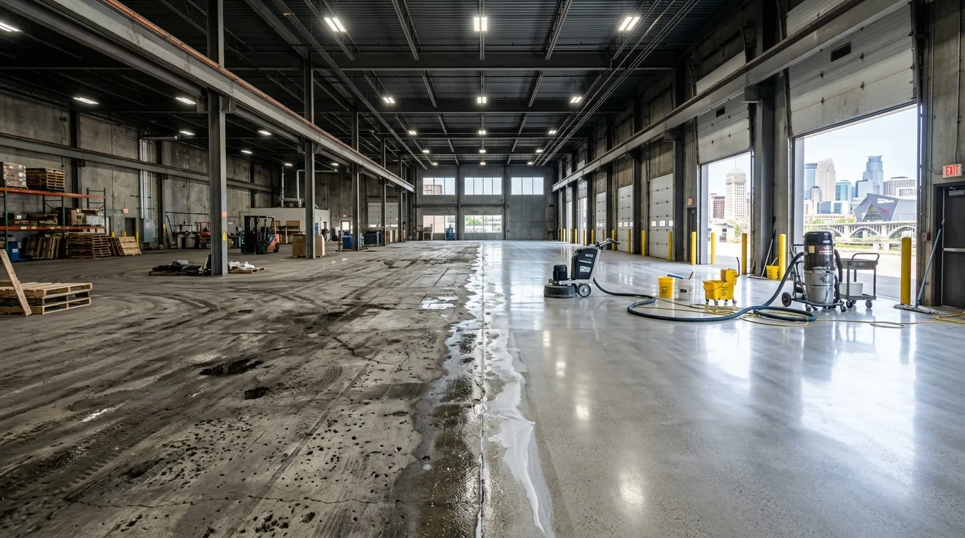 Concrete slab restoration in progress showing restored vs unrestored sections